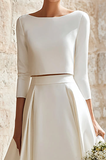 Ivoire bateau col satin 2 pièces balayage traîne une robe de mariée en ligne